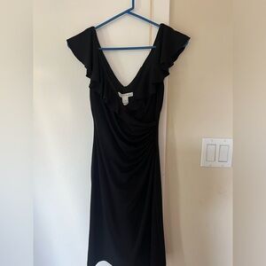 WHITE HOUSE BLACK MARKET Black Ruched Ruffle V-Neck Mock Wrap Slip Dress Sz 0